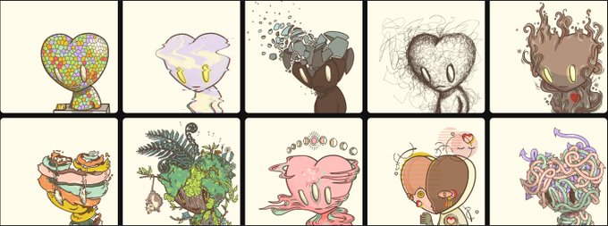 A grid of ten artistic illustrations depicting various creative interpretations of Pokémon, including designs made of flowers, glass, smoke, chocolate, ferns, and tentacles.