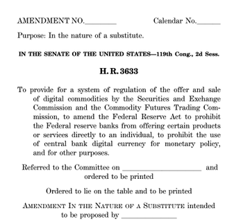 The image shows a blank Senate amendment form for H.R. 3633 from the 119th Congress, 2d Session, with designated blank lines for amendment number, calendar number, purpose of amendment, committee referral, and proposing senator. The bill, titled to provide regulation of digital commodities by the SEC and CFTC, amend the Federal Reserve Act, and prohibit a central bank digital currency, is being prepared as a potential substitute amendment. This relates to the accompanying post about the upcoming Senate vote on the "Bitcoin Clarity Act," as H.R. 3633 is the legislative vehicle for crypto market structure legislation that the Senate is expected to vote on within three days, which proponents want President Trump to sign into law.