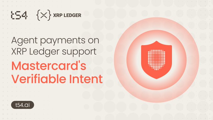 A t54 promotional graphic announcing that agent payments on XRP Ledger support Mastercard's Verifiable Intent, featuring a shield logo with t54.ai displayed at the bottom.