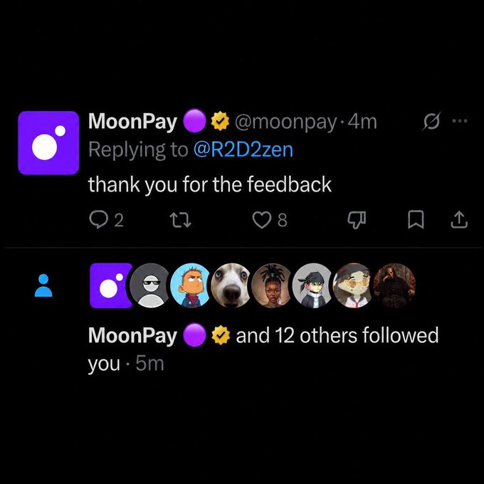This image shows MoonPay replying "thank you for the feedback" to @R2D2zen, which is followed by MoonPay and 12 others following the user. This implies the user "@R2D2zen" provided feedback that was appreciated by MoonPay, hence the compliment about a "GOAT intern" in the accompanying post.
