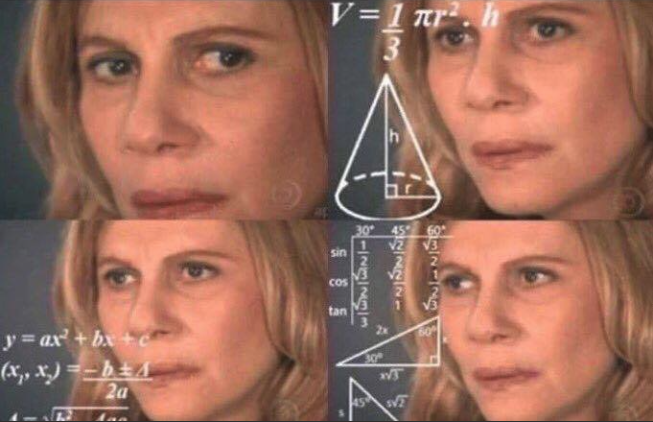 A four-panel reaction meme uses a confused blonde woman's face combined with images of math formulas, including the volume of a cone, trigonometry, and the quadratic formula.