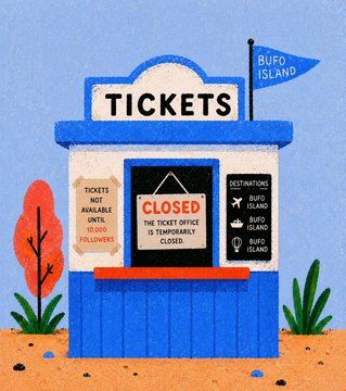 A 1,000-follower milestone illustration shows a "Buso Island" ticket booth marked "CLOSED — THE TICKET OFFICE IS TEMPORARILY CLOSED," with a tally of "TICKETS NOT AVAILABLE UNTIL 10,000 FOLLOWERS," mirroring the post's message that the booth remains shut while a growing line of travelers waits for the 10,000 milestone to be reached.