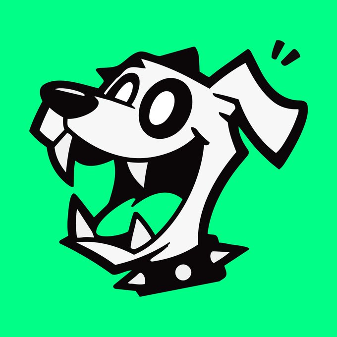 A cartoon dog with a manic expression baring sharp teeth, set against a bright green background. The image's chaotic, intense energy mirrors the post's announcement about Fren.gg launching new walletless and collaborative primitives for Robinhood Crypto, amplifying the bullish, hyped-up tone of the airdrop promotion.