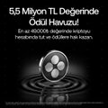 A dark, low-resolution graphic featuring Turkish text that reads '55 Milyon TL Değerinde Ödül Havuzu!' (A prize pool worth 55 Million TL!) above an image of a silver ball with holes, set against a black background with ripple patterns.