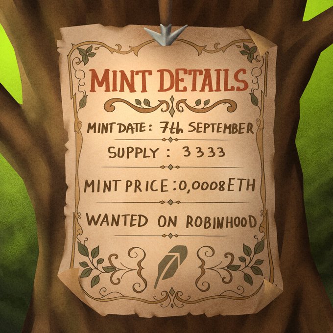 A decorative parchment-style poster nailed to a tree trunk displays "MINT DETAILS" with the mint date (7th September), supply (3,333), mint price (0.0008 ETH), and a "WANTED ON ROBINHOOD" notice, matching the announcement for the Elves NFT collection's upcoming mint on Robinhood.