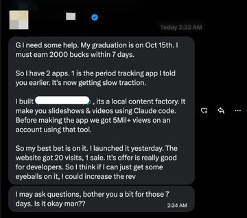 Text messages sent at 2:33 AM, with the sender asking for help to earn 2000 bucks within 7 days to build a local content factory app, get 5M+ views, and increase the rev, even offering eyeballs on it.