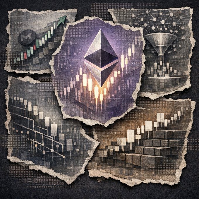 An artistic collage on torn paper features an Ethereum logo in the center surrounded by candlestick charts and market data visuals.