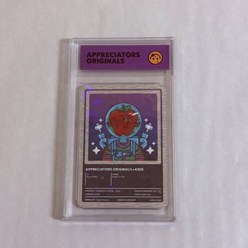 A graded sports card encased in a PSA-style slab, labeled 'APPRECIATORS ORIGINALS' with a holographic purple sticker, featuring an illustration of a robot with a strawberry head.