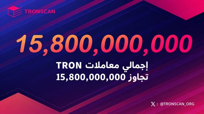 A TRONSCAN graphic with a blue and pink gradient background displays '15,800,000,000' in large gradient text, with Arabic text below announcing that total TRON transactions have exceeded 15,800,000,000, along with the X handle @TRONSCAN_ORG.