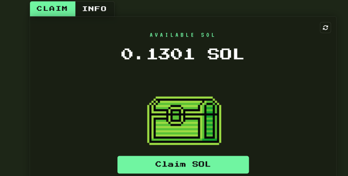 A dark-mode cryptocurrency claim interface displaying 'AVAILABLE SOL 0.1301 SOL' above a green treasure chest icon and a 'Claim SOL' button, with 'CLAIM' and 'INFO' tabs at the top.