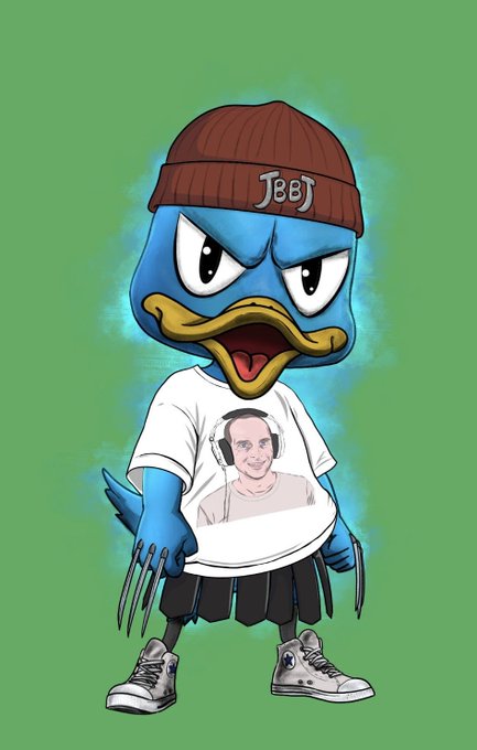 A cartoon blue duck wearing a brown beanie labeled "JBBJ" and a white t-shirt featuring a man's face stands against a green background. The character resembles the "Clown" meme persona referenced in the post promoting JBBJ ducks trading on Icycast.