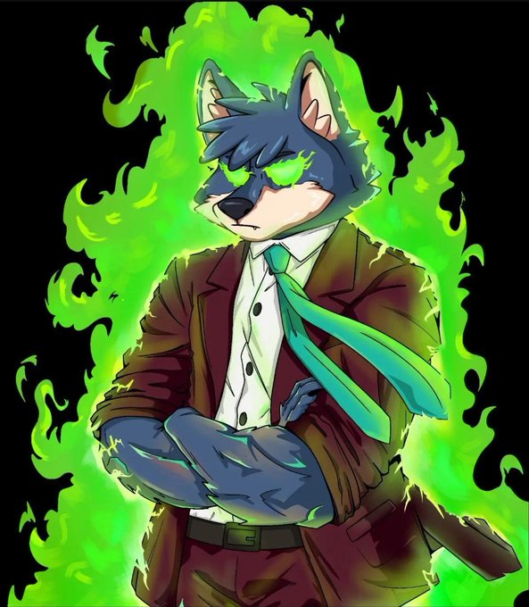 An anthropomorphic wolf character with glowing green eyes and matching green flames emanating from its body, dressed in a brown suit with a teal tie, stands confidently with arms crossed against a black background. The fierce, mystical wolf imagery complements the post's late-night sentiment, symbolizing resilience and the fiery determination to continue building on @wolfswapdotapp.