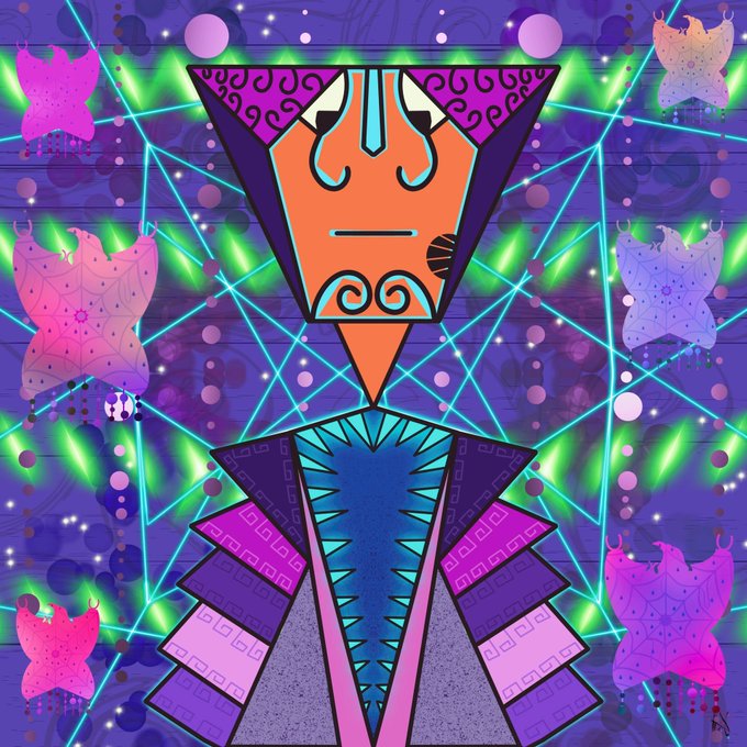A vibrant, psychedelic NFT-style artwork featuring a geometric tribal figure with an orange face, purple triangular hat, and elaborate patterned robes against a neon purple background with butterfly motifs and geometric webbing.