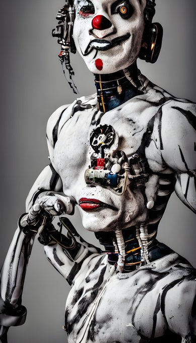 A highly detailed, grotesque robotic figure with clown-like facial features, red lips, and a white and black distressed body is shown against a dark background.