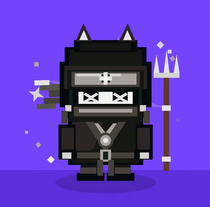 A pixel-art character with cat ears, a crosshair visor, and X-shaped eyes holds a trident against a purple background.