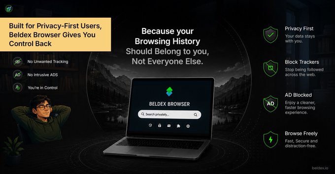 Advertisement for Beldex Browser highlighting "Built for Privacy-First Users" with features like No Unwanted Tracking, No Intrusive Ads, Block Trackers, and AD Blocked.