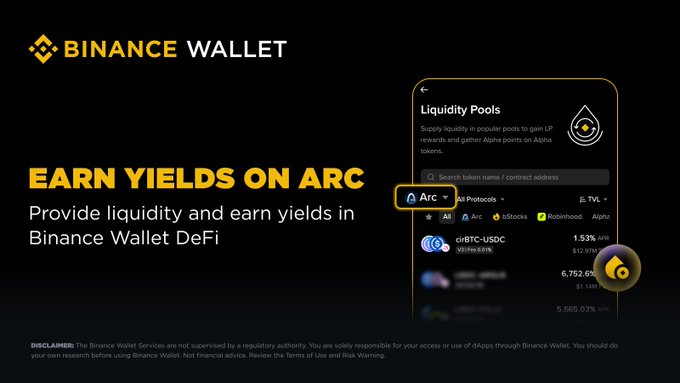A Binance Wallet promotional graphic announces "EARN YIELDS ON ARC" by inviting users to provide liquidity in its DeFi section, featuring a Liquidity Pools interface that highlights the Arc chain with available pools like Arc-bBTC-USDC (1.53% APR) and another showing 6,752.6. The image visually supports the announcement of Arc DeFi launching on Binance Wallet, showcasing how users can easily access and manage Arc-based liquidity pools directly through the app.