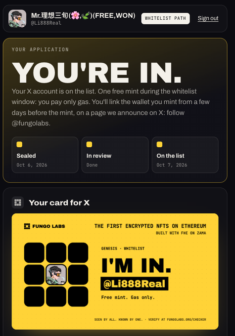A screenshot showing a "YOU'RE IN" whitelist approval confirmation for Fungo Labs from user Mr.理想三旬 (@Li888Real), featuring a yellow "I'M IN" NFT card marked as "Free mint. Gas only." for "The First Encrypted NFTs on Ethereum" built with FHE on Zama, with status steps showing the application was sealed on Oct 6, 2026 and approved on Oct 7, 2026.