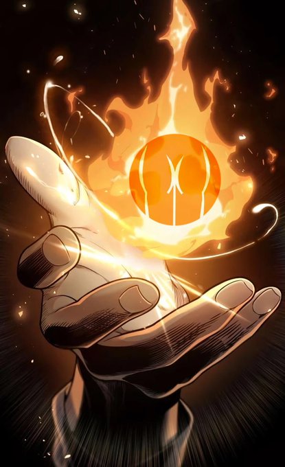 A digital illustration of a hand holding a glowing orange sphere of fire with a star symbol on it, surrounded by flames and embers against a dark background.