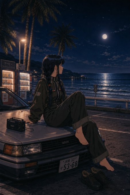 An anime-style illustration of a young woman with dark hair sitting barefoot on the hood of a car at night, gazing at the moonlit ocean with palm trees in the background and a Japanese license plate reading '53-68'.