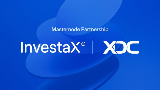 The image features a logo for an investment platform called investax, which is associated with the XDC network. The logo consists of three circles stacked one above the other against a blue background. Below the logo, there's text that reads "Masterode Partnership" and "XDC". This suggests that the investax platform is being used to support Masterode projects, and it is backed by the XDC network.