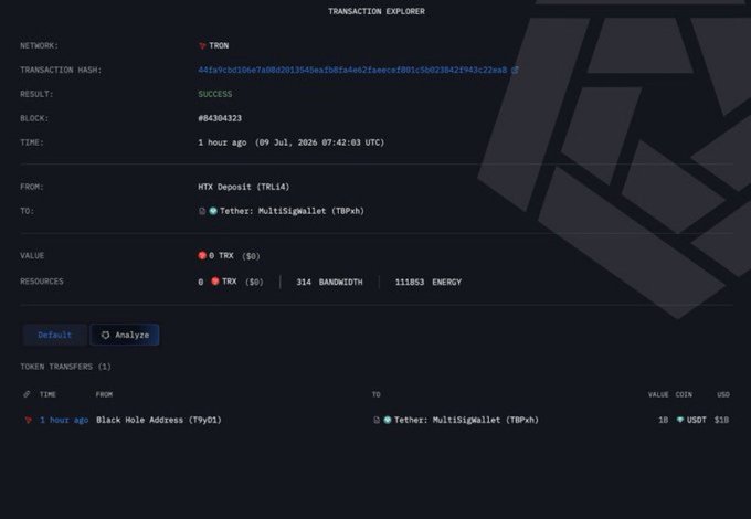 A TRON network transaction explorer page showing a successful transfer of 10 USDT from a 'Black Hole Address (T9yQt)' to a 'Tether: MultiSigWallet (TBpxW)' multisignature wallet.