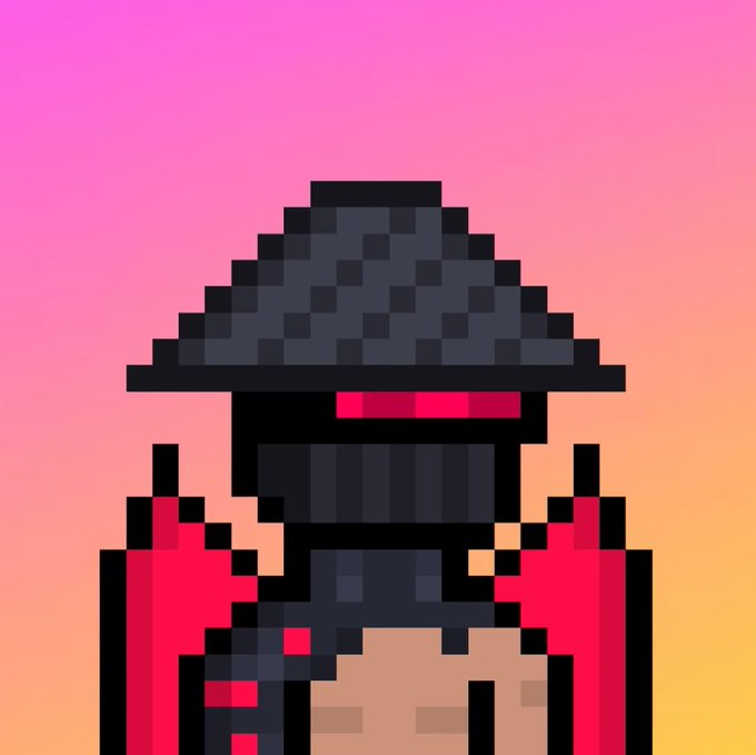 Pixel art of a masked figure in dark clothing with red accents against a pink and orange gradient background.