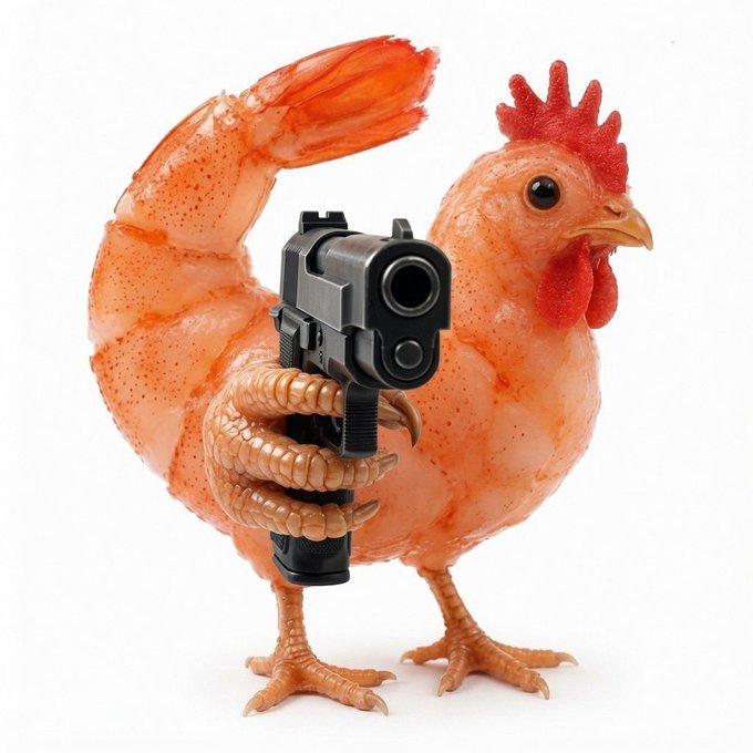 The image features a chicken holding a gun, with its beak pointing towards the camera. The background of the photo is white, which contrasts with the vibrant colors of the chicken's feathers and the gun. There are no other objects or texts present in the image.