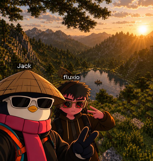 An animated Minecraft-style scene featuring two characters labeled "Jack" (a penguin wearing a hat and sunglasses) and "fluxio" (a human character with glasses), both making peace signs in a scenic mountain landscape at sunset.