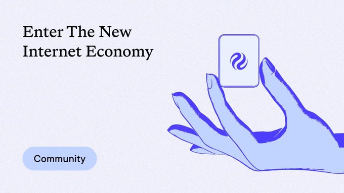 A promotional graphic reads 'Enter The New Internet Economy' with a 'Community' button and an illustration of a hand holding a card with a purple swirl logo.