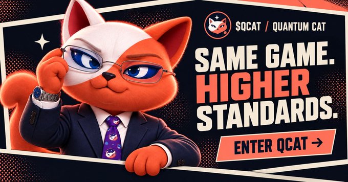 An advertisement featuring an orange cat wearing glasses and a suit with a tie, promoting 'QCAT / QUANTUM CAT' with the slogan 'SAME GAME. HIGHER STANDARDS.' and an 'ENTER QCAT' button.
