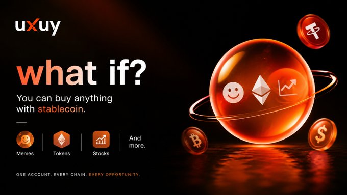 The image features an orange sphere with various symbols, including a smiley face, a coin, and a dollar sign, all floating around it. The text above the image reads "What if everything became a stablecoin use case? Memes Tokens Stocks Not different markets Just different opportunities #UXUY #stablecoin". This suggests that the image is promoting the idea of using stablecoins as a means to create new opportunities and possibilities in various aspects, such as memes, tokens, and stocks. The vibrant orange color of the sphere adds a lively and energetic feel to the post, making it more engaging for viewers.