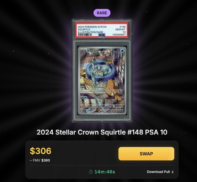 A trading interface displaying a 'RARE' 2024 Pokémon Stellar Crown Squirtle #148 PSA 10 card graded 10 GEM MT, currently priced at $306 (FMV $360) with a 14m:46s countdown timer and a 'SWAP' button.