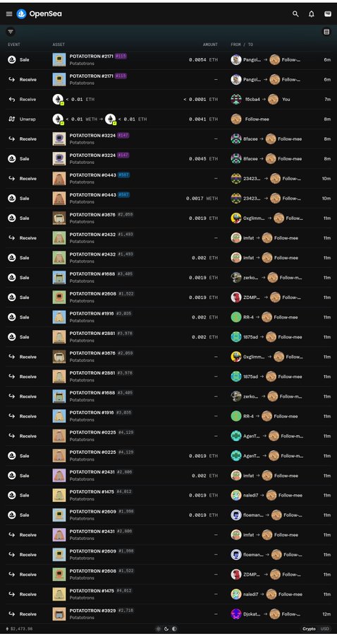 OpenSea activity page showing multiple NFT transactions for 'POTATOTRON' items, with various sales and receives in ETH.
