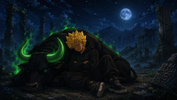 An anime-style character with spiky blonde hair sleeps against a large black bull with glowing green horns under a full moon in an ancient ruin setting.