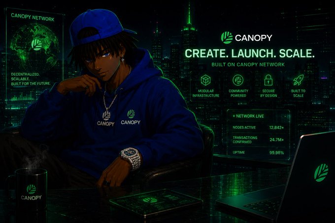 An anime-style figure in blue Canopy branded apparel sits at a desk against a futuristic cityscape, surrounded by green holographic displays showcasing Canopy Network's stats—12,842+ active nodes, 24.7M+ confirmed transactions, and 99.98% uptime—reinforcing the post's message about Canopy's modular, restakeable infrastructure built to scale.