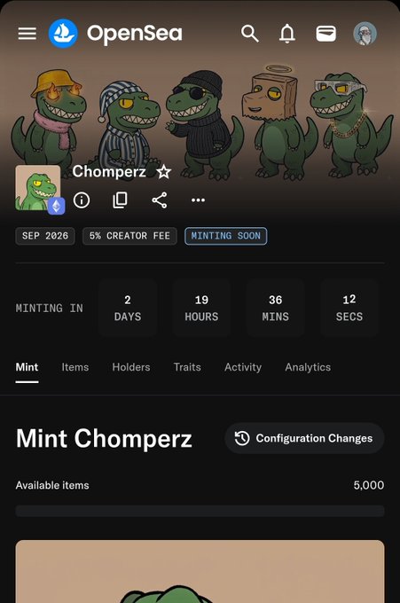 An OpenSea NFT minting page for 'Chomperz' showing 5,000 available items, 5% creator fee, minting in 2 days 19 hours, with cartoon dinosaur characters wearing various accessories.