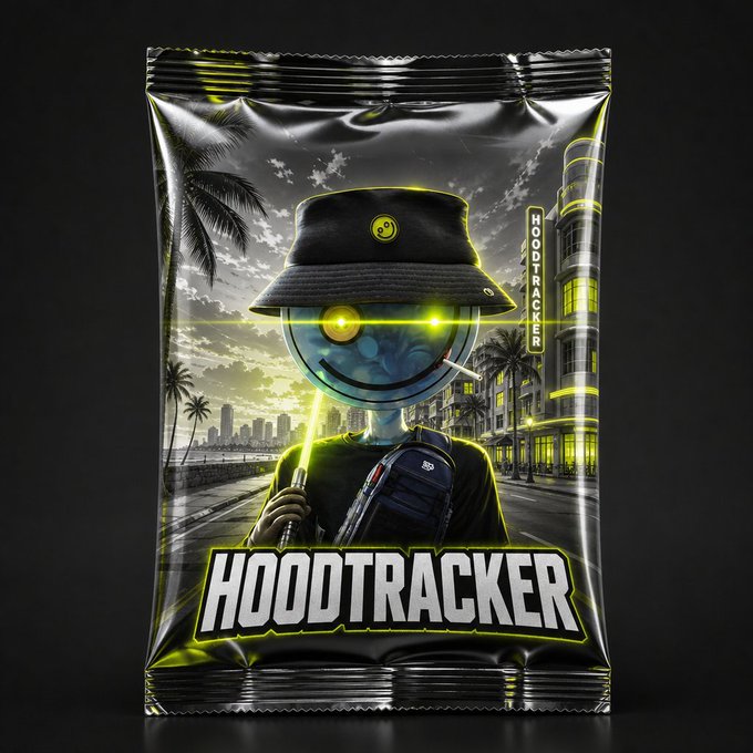 Another black "HOODTRACKER" package design showing a character with a bucket hat, glowing yellow eyes, and a smiling face, set against a cityscape with palm trees and a "HOODRACER" building.