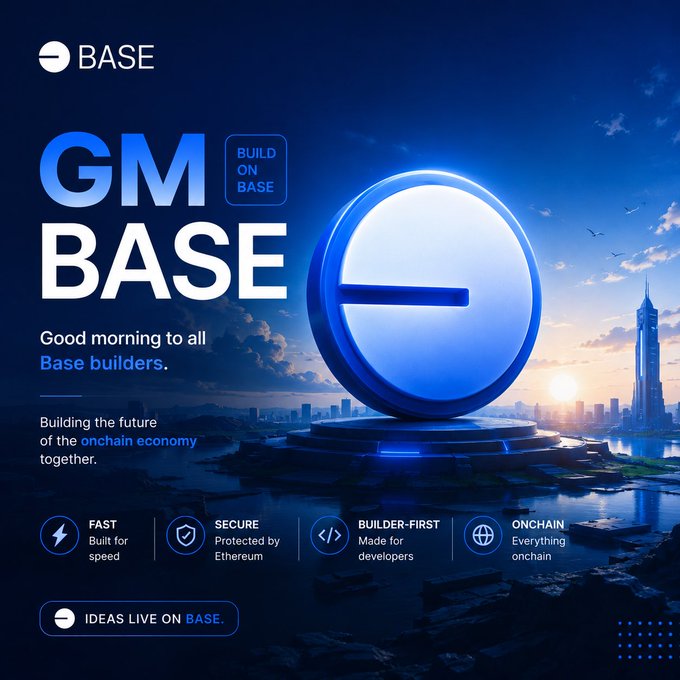 A promotional graphic for "BASE" cryptocurrency/blockchain platform featuring "GM BASE - BUILD ON BASE" text, a large glowing blue "e" logo, and a futuristic cityscape, with tagline "Good morning to all Base builders."