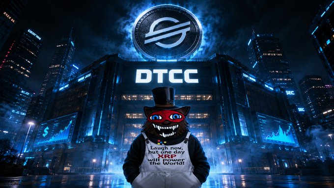 The image features a cat wearing a top hat, standing in front of a building with the words "DTCCC" written above its head. The cat appears to be laughing at something or someone, as if it's making a joke. In the background, there are buildings and neon lights that create an urban atmosphere. The post is titled "I DEEP DIVED THE DTCC × STELLAR ANNOUNCEMENT... XRP ARMY - you NEED to see this DTCC just dropped tokenized stocks, ETFs & Treasuries coming to Stellar in H1 2027." This suggests that the image is related to a discussion about the cryptocurrency market and its potential impact on traditional financial institutions.
