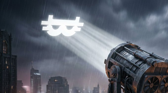 The image depicts the Nakamoto Games (NAKA) logo—stylized white glasses—projected like a spotlight from a searchlight onto a rainy, cloudy city skyline. The dramatic scene reinforces the post's energetic "GM" message, evoking a sense of discovery and excitement around exploring the $NAKA ecosystem.