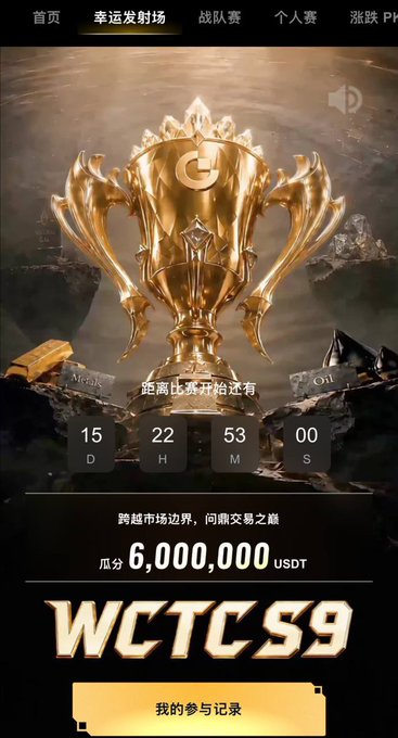 The image is a promotional screen for the Gate.io WCTCS9 trading competition, featuring a large golden trophy and a countdown timer showing 15 days, 22 hours, 53 minutes, and 00 seconds remaining before the event begins. The banner highlights a total prize pool of 6,000,000 USDT and includes a button labeled "我的参与记录" (My Participation Records).