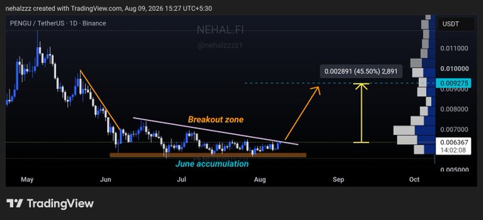 A TradingView chart for PENGU/USDT (1D, Binance) by @nehalzzz1 highlights a "June accumulation" zone beneath a descending trendline forming a "Breakout zone," with annotations projecting a potential 45.50% upside move to a target of $0.00891–0.00927 from the current $0.006367 level.