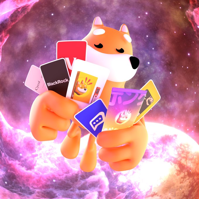 The image features a cartoon character holding various cards and money, including credit cards and gift cards, as well as some anime characters. The background of the image is a pinkish-purple color with stars scattered throughout, giving the impression that they are floating in space or on top of a planet. This whimsical setting adds to the overall atmosphere of the post.