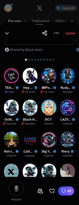 An X (formerly Twitter) Spaces interface shows a room titled 'For you' with speakers and listeners including 'TEA', 'Hey', 'Pa...', 'Rudy', 'Black H', and 'CANDID CHAOS', with 39 participants.