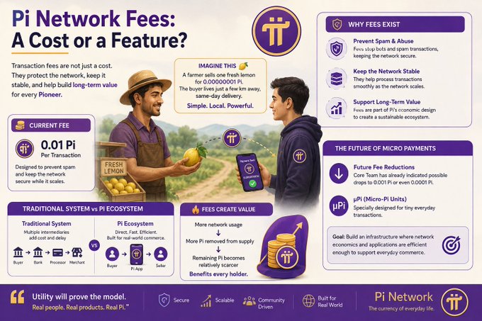 An infographic for Pi Network titled 'Pi Network Fees: A Cost or a Feature?' explains the 0.01 Pi per transaction fee using a 'Fresh Lemon' analogy.