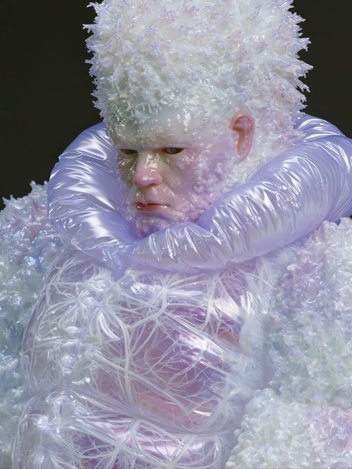 A futuristic figure with crystalline, spiky white hair and a translucent, inflated collar is enveloped in webbing and bubbly textures, evoking an otherworldly aesthetic that matches the surreal, creative spirit of Studio Bellini's "The Seven Houses" collection, specifically the House of Beasts as referenced in the post.