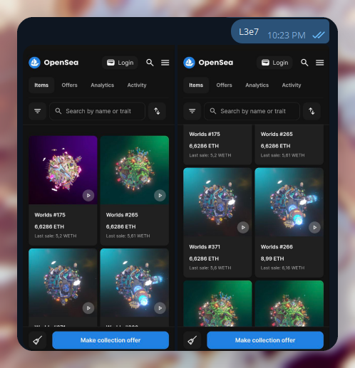 Two screenshots of the OpenSea NFT marketplace mobile app displaying 'Worlds' collections like 'Worlds #175', 'Worlds #265', 'Worlds #371', and 'Worlds #266' priced in ETH, with a 'Make collection offer' button.