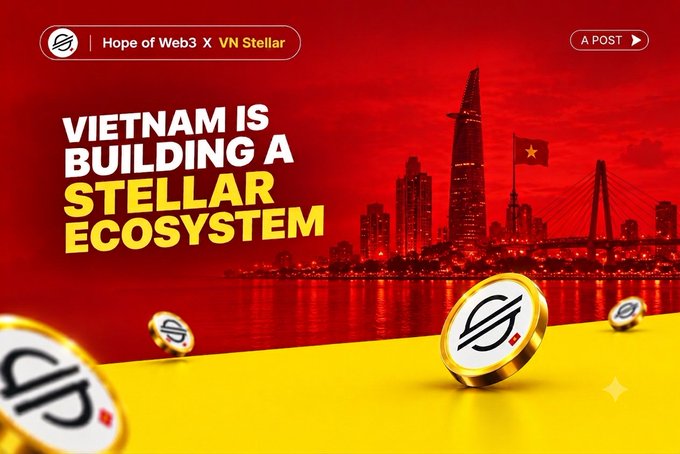 A bold red-toned promotional graphic from Hope of Web3 X VN Stellar features the headline "VIETNAM IS BUILDING A STELLAR ECOSYSTEM" in white and yellow text, alongside a stylized cityscape of Ho Chi Minh City showcasing the Bitexco Financial Tower, a bridge, and the Vietnamese flag. The foreground displays several 3D Stellar (XLM) cryptocurrency coins on a yellow surface, with "A POST" indicator in the top right corner. The image visually reinforces the article's claim about Vietnam emerging as one of Stellar's strongest blockchain ecosystems in the APAC region.