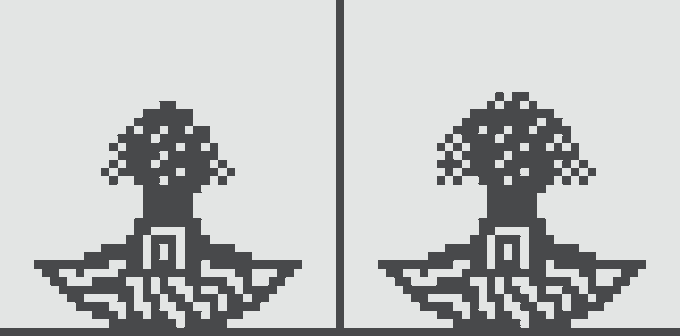 Two side-by-side pixel art mushrooms appearing nearly identical, with the right version showing subtle customized differences from the left, consistent with the 540 pixel changes made by soxiety.eth for Normie #294 on normies.art.